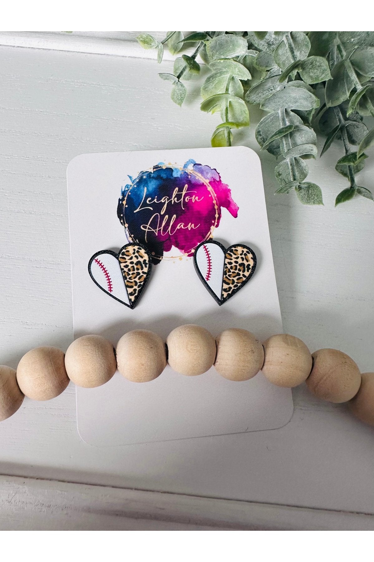 Baseball Leopard heart Stud Earrings
