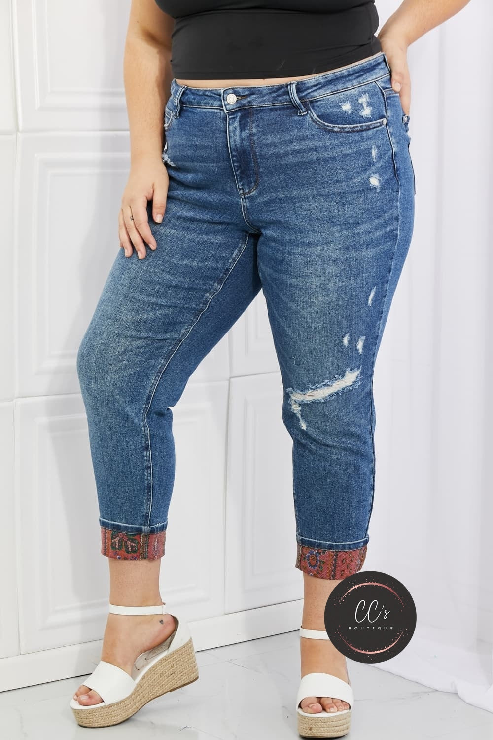 Judy Blue Gina Full Size Mid Rise Paisley Patch Cuff Boyfriend Jeans
