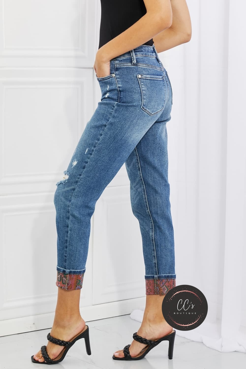 Judy Blue Gina Full Size Mid Rise Paisley Patch Cuff Boyfriend Jeans