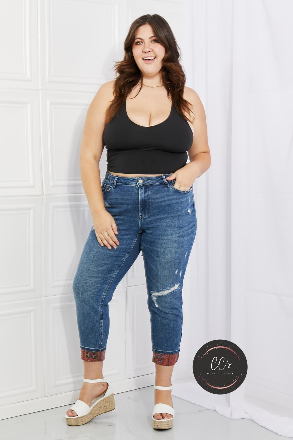Judy Blue Gina Full Size Mid Rise Paisley Patch Cuff Boyfriend Jeans