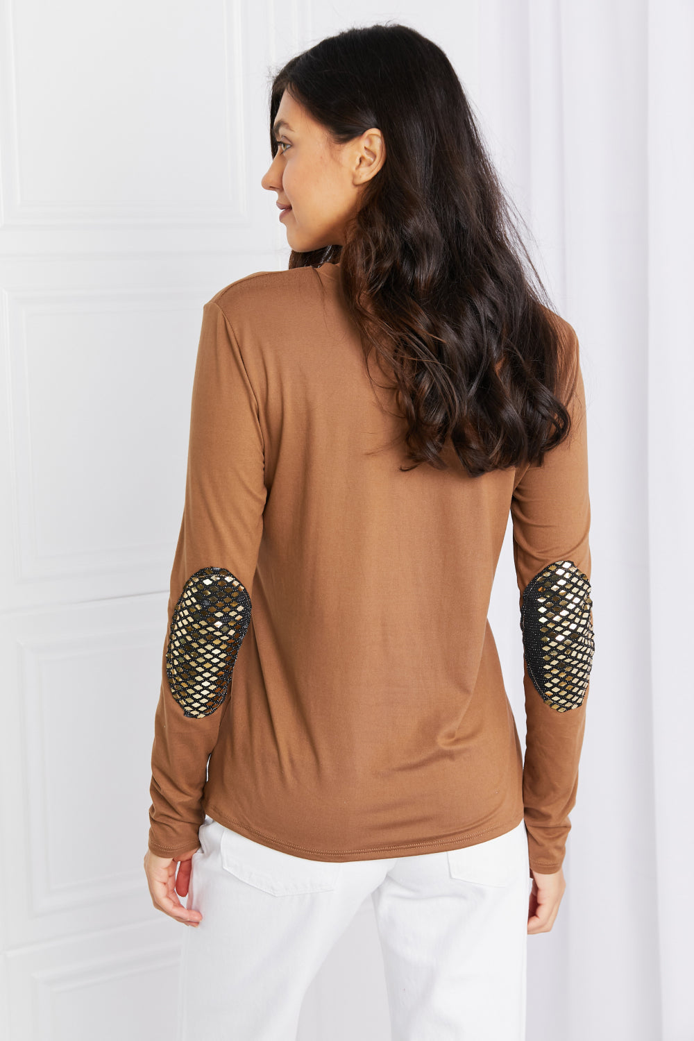 Acting Pro Full Size Elbow Patch Round Neck Top