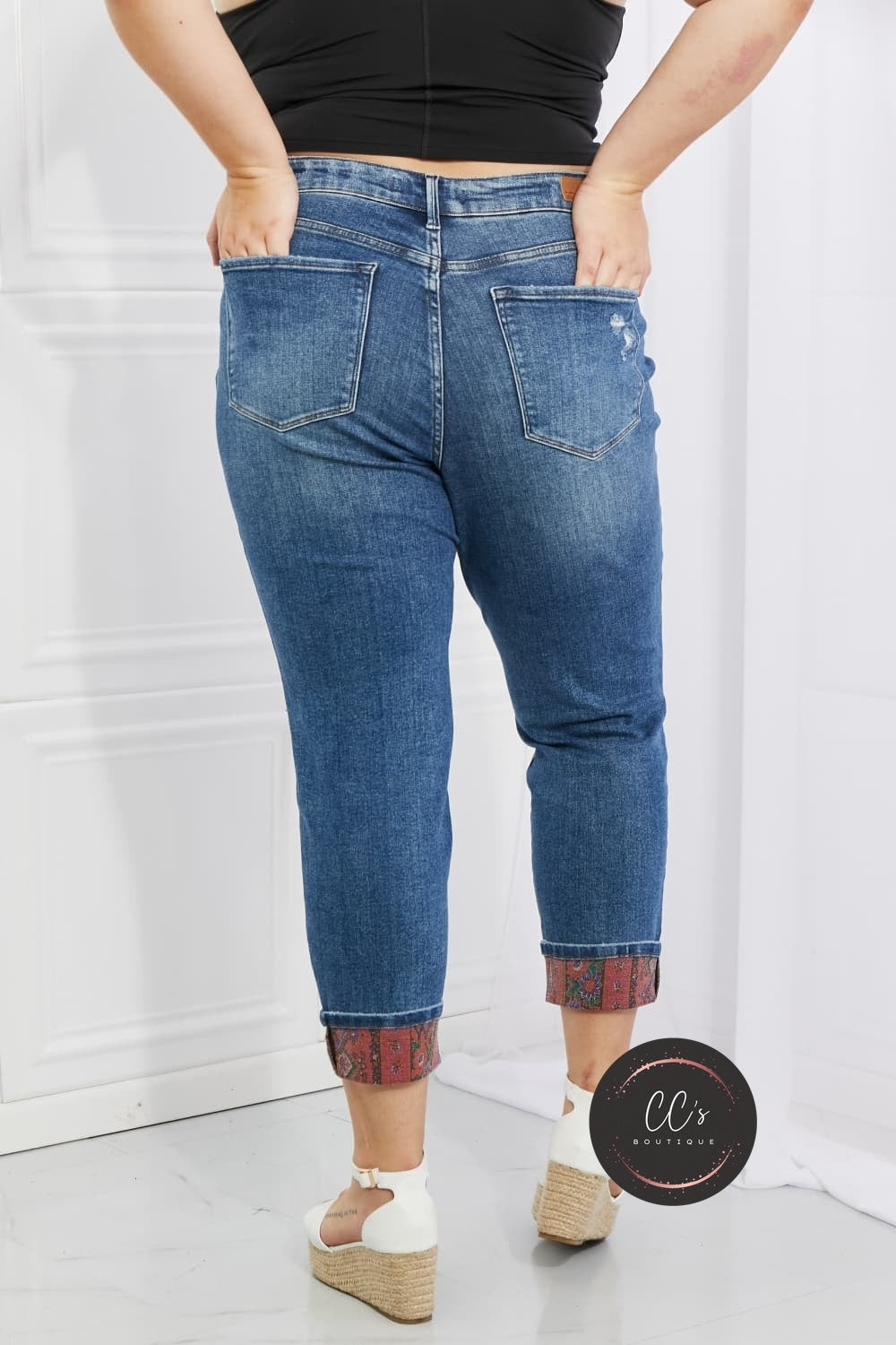 Judy Blue Gina Full Size Mid Rise Paisley Patch Cuff Boyfriend Jeans