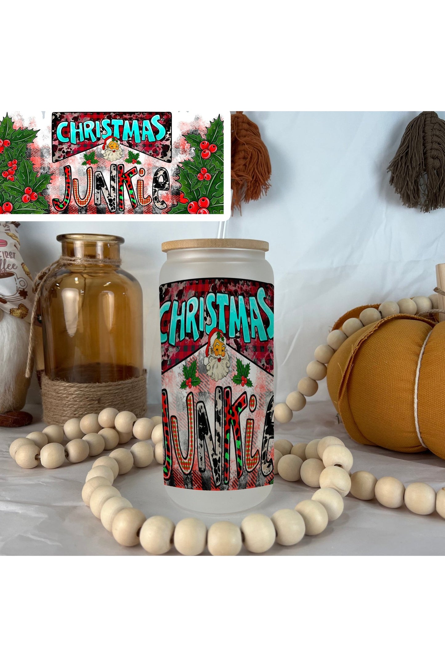 Christmas Junkie Frosted Glass Can 20oz