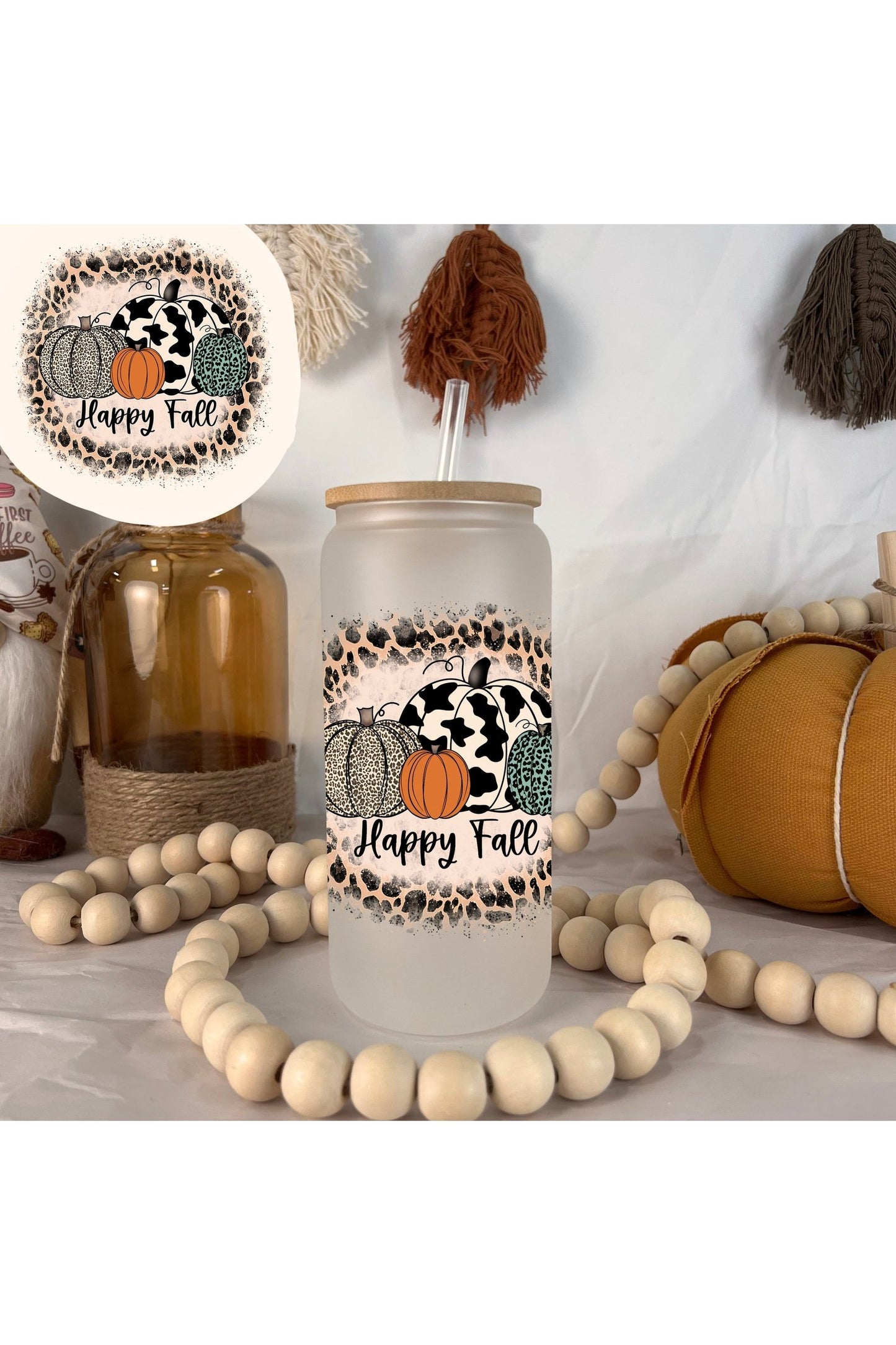 Happy Fall Pumpkins Frosted Glass Can 20oz