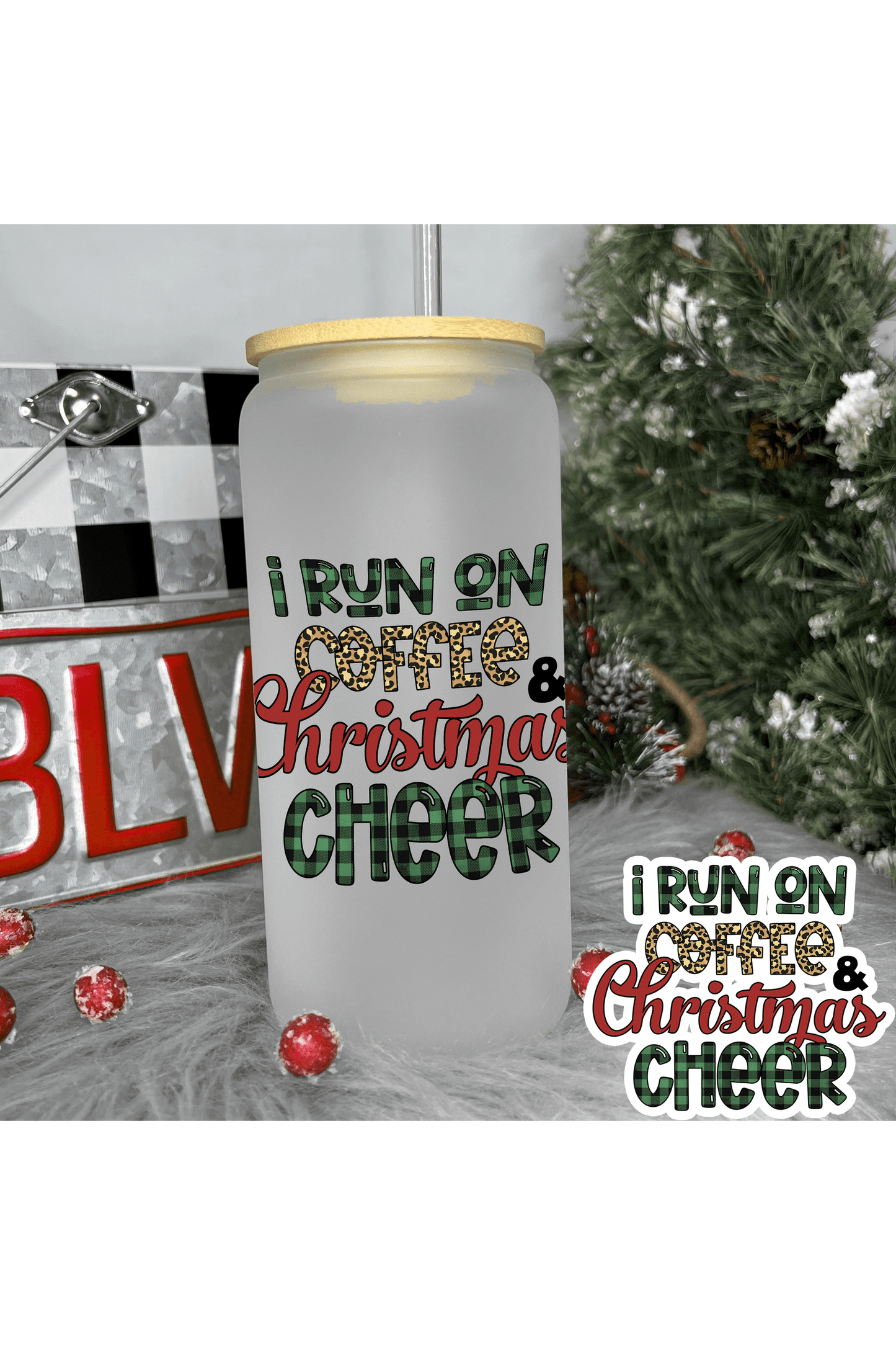 Run On Coffee & Christmas Cheer Frosted Glass Can 20oz