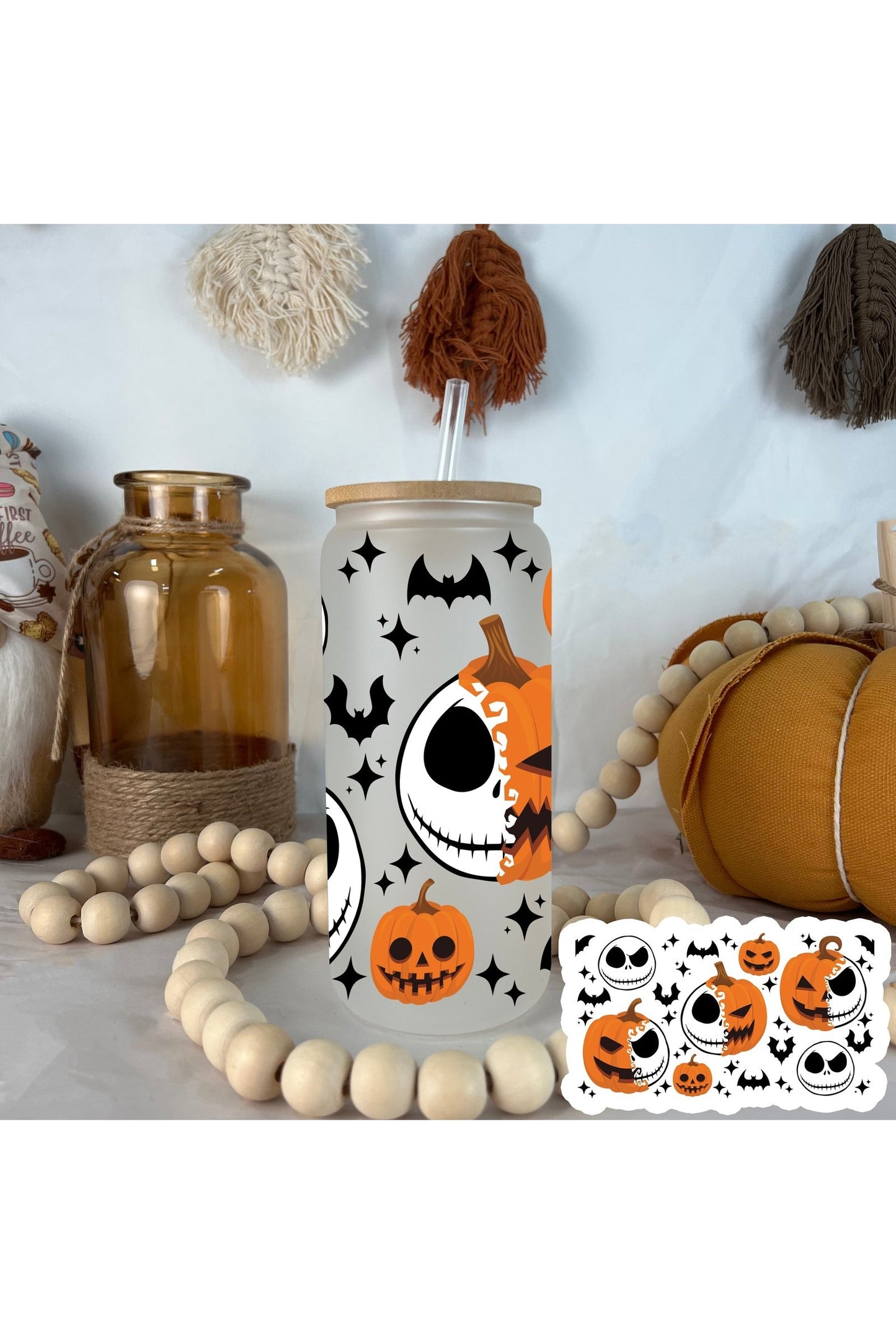 Pumpkin Skulls Frosted Glass Can 20oz