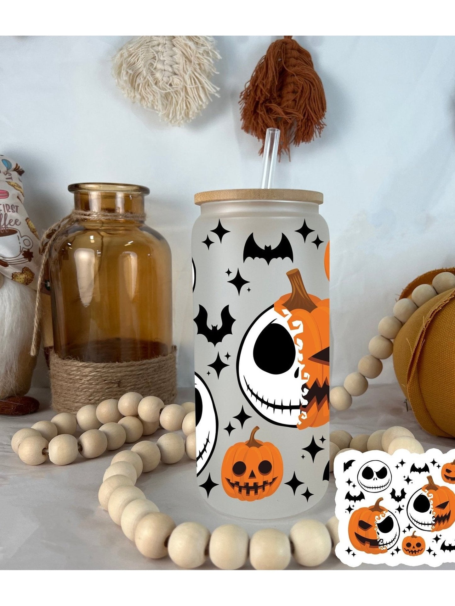 Pumpkin Skulls Frosted Glass Can 20oz