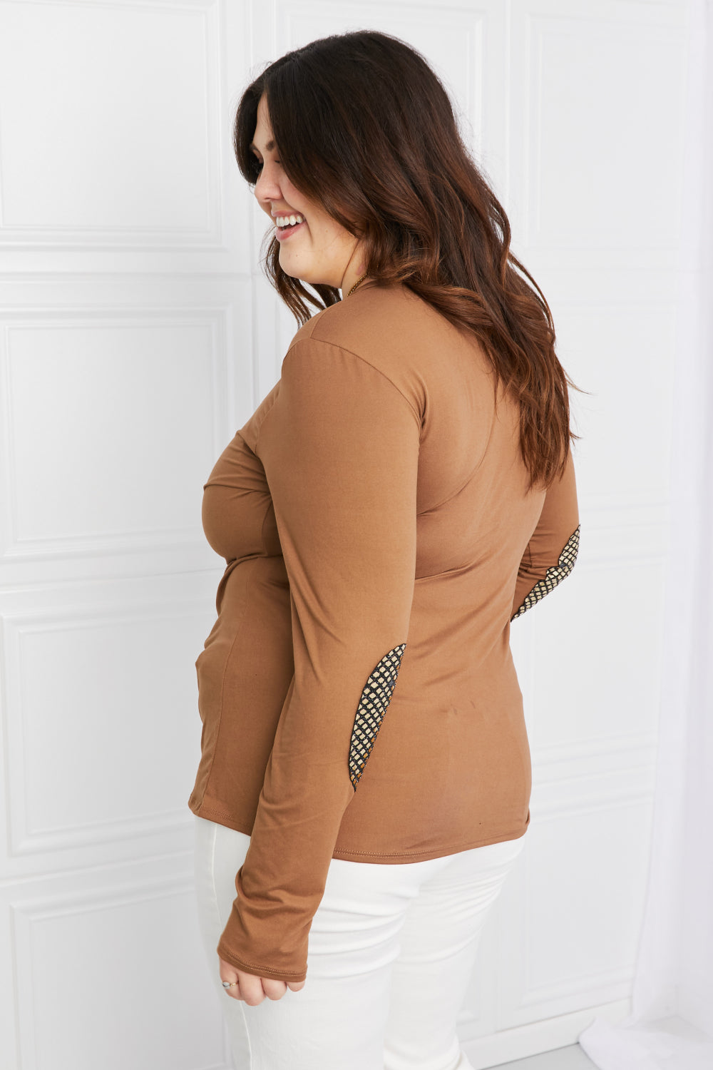 Acting Pro Full Size Elbow Patch Round Neck Top