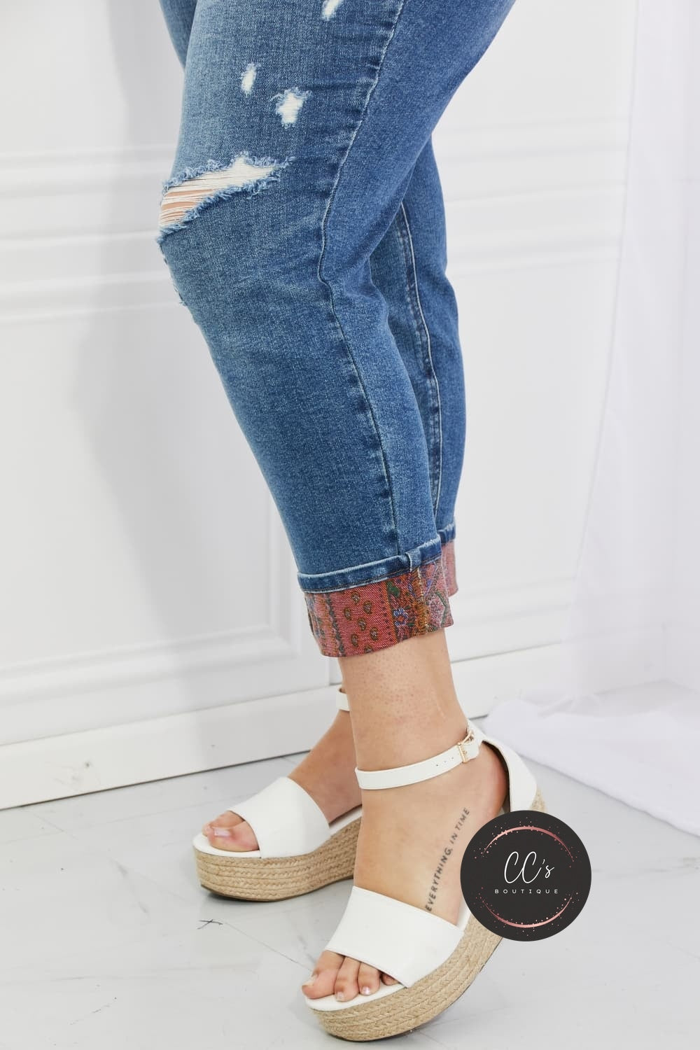 Judy Blue Gina Full Size Mid Rise Paisley Patch Cuff Boyfriend Jeans