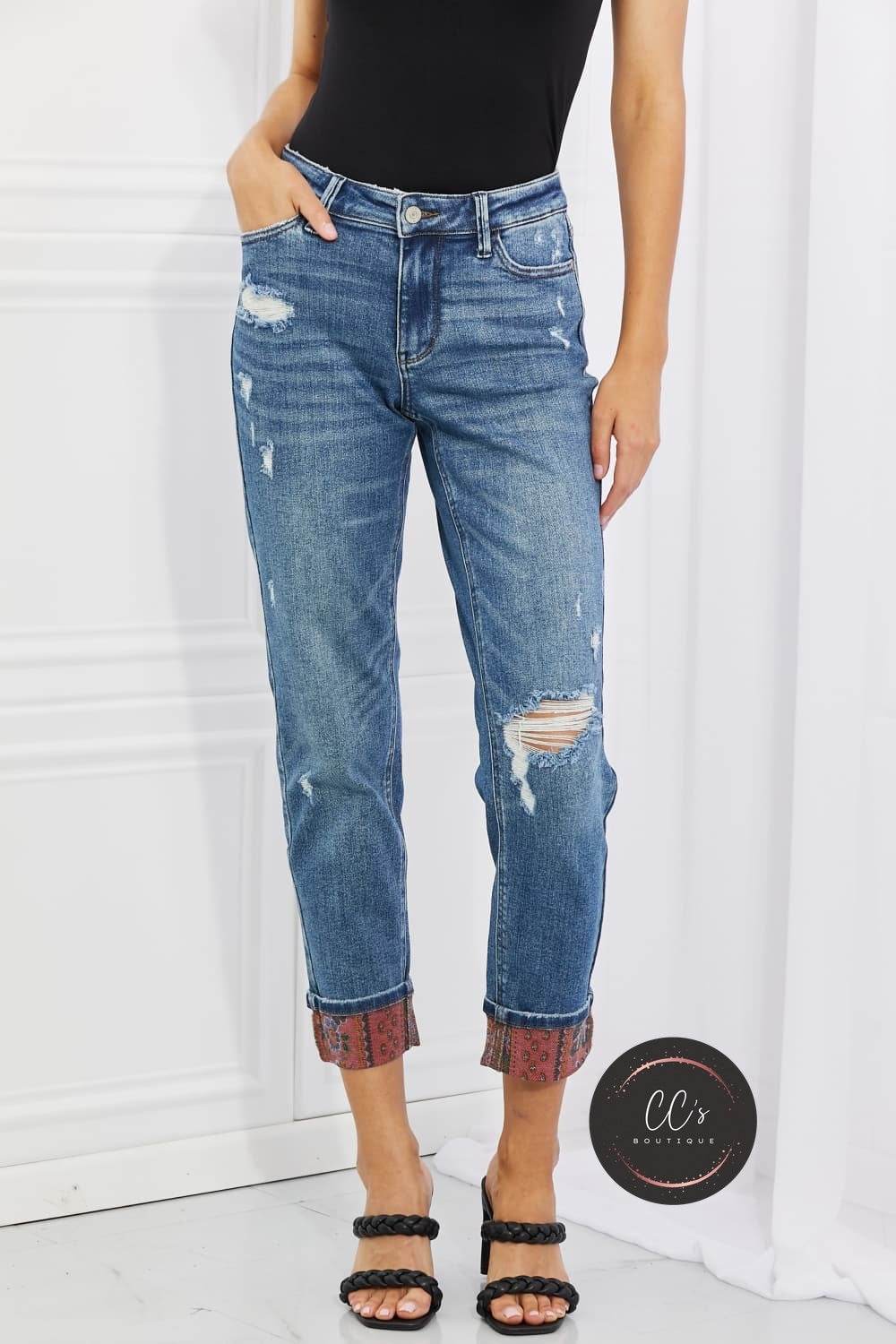 Judy Blue Gina Full Size Mid Rise Paisley Patch Cuff Boyfriend Jeans