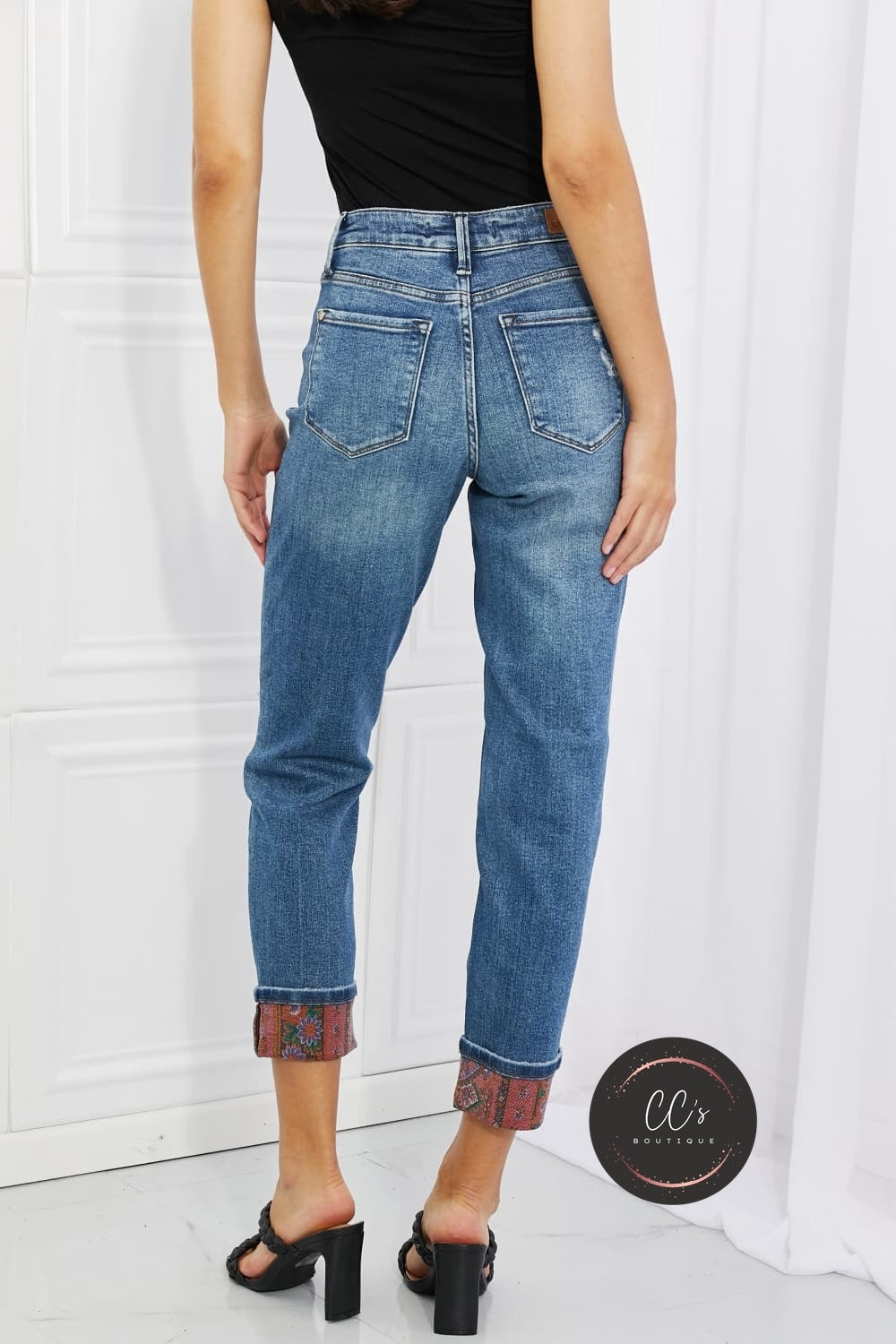Judy Blue Gina Full Size Mid Rise Paisley Patch Cuff Boyfriend Jeans