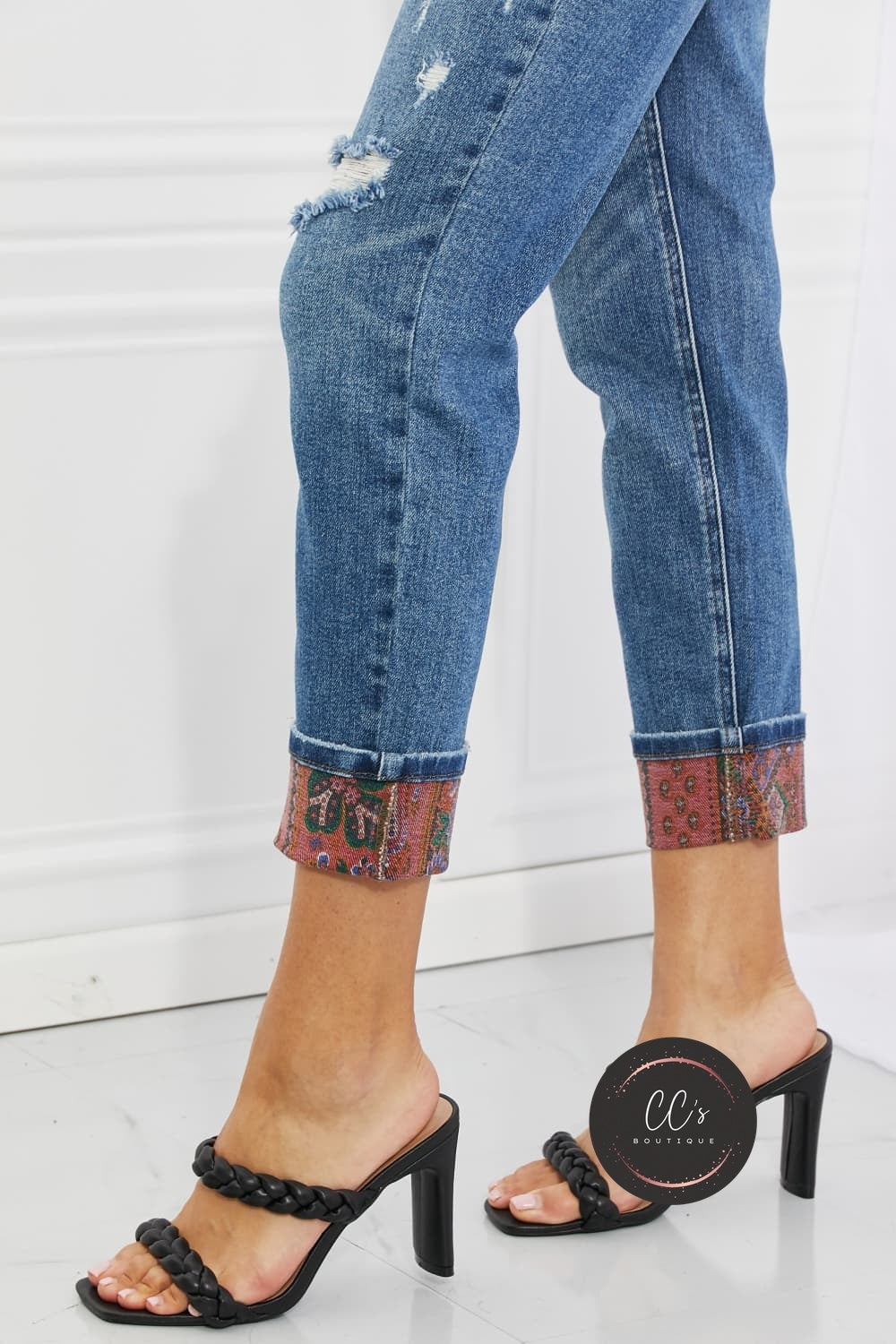 Judy Blue Gina Full Size Mid Rise Paisley Patch Cuff Boyfriend Jeans