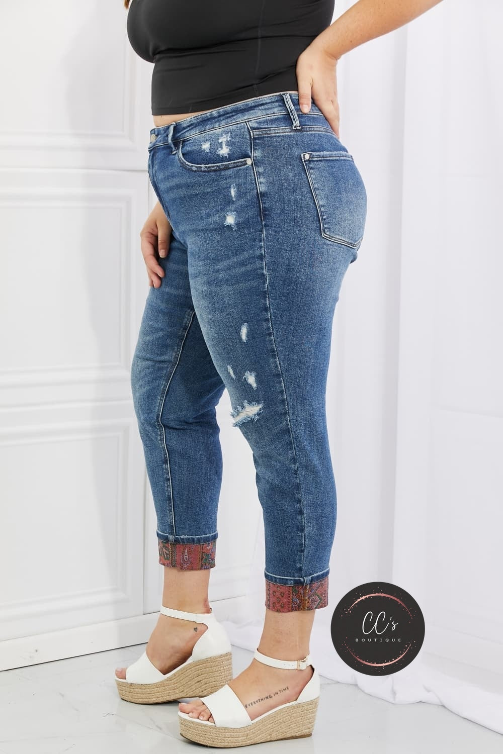 Judy Blue Gina Full Size Mid Rise Paisley Patch Cuff Boyfriend Jeans
