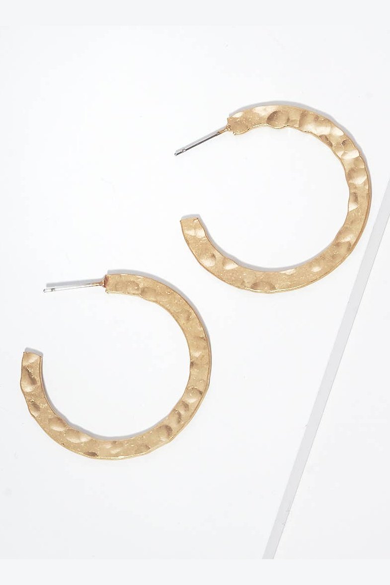 Hammered Flat Round Metal Hoop Earrings in Gold