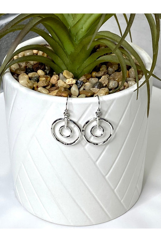 Hammered Metal Inner Double Round Drop Earrings in Silver