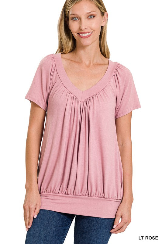 Zenana V-Neck Shirred Top