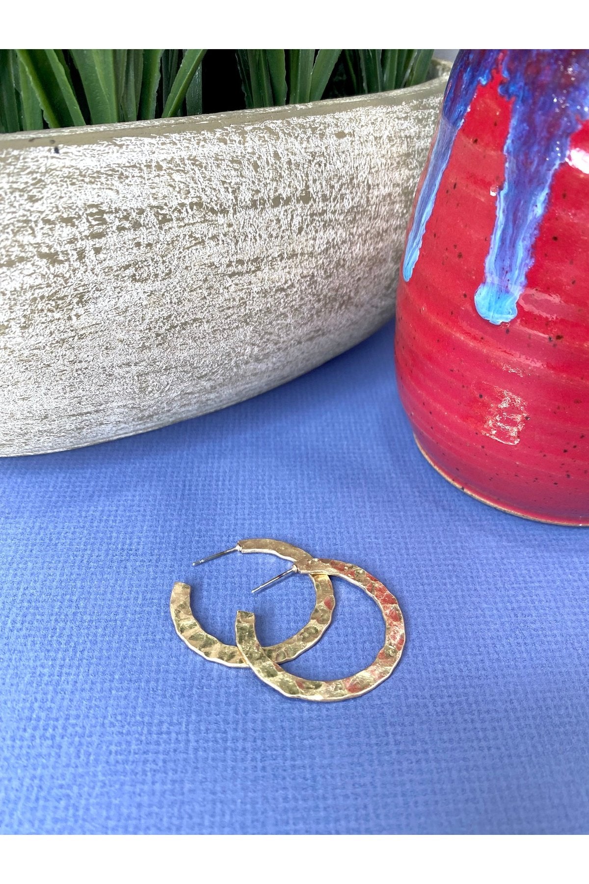 Hammered Flat Round Metal Hoop Earrings in Gold