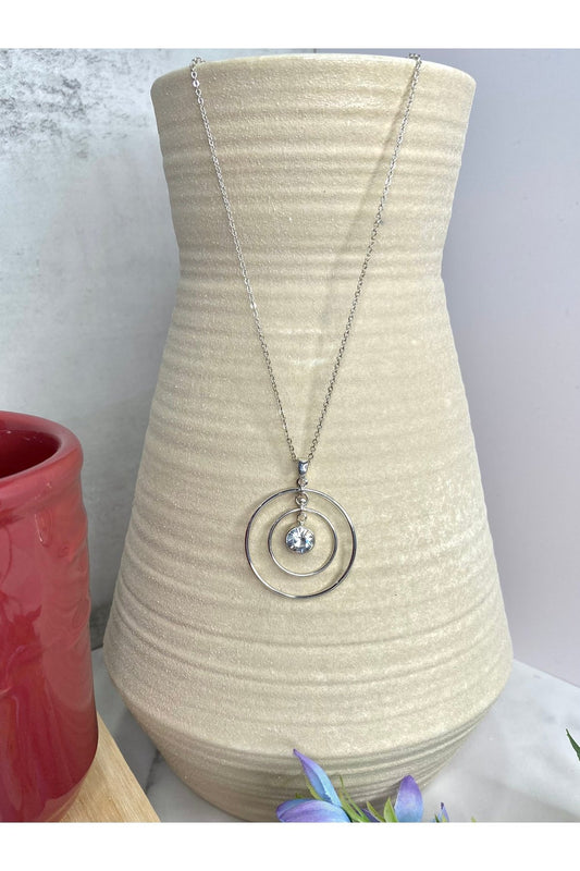 Double Circle with Stone Necklace in Silver