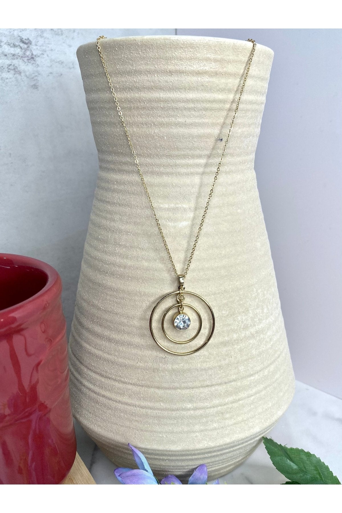 Double Circle with Stone Necklace in Gold