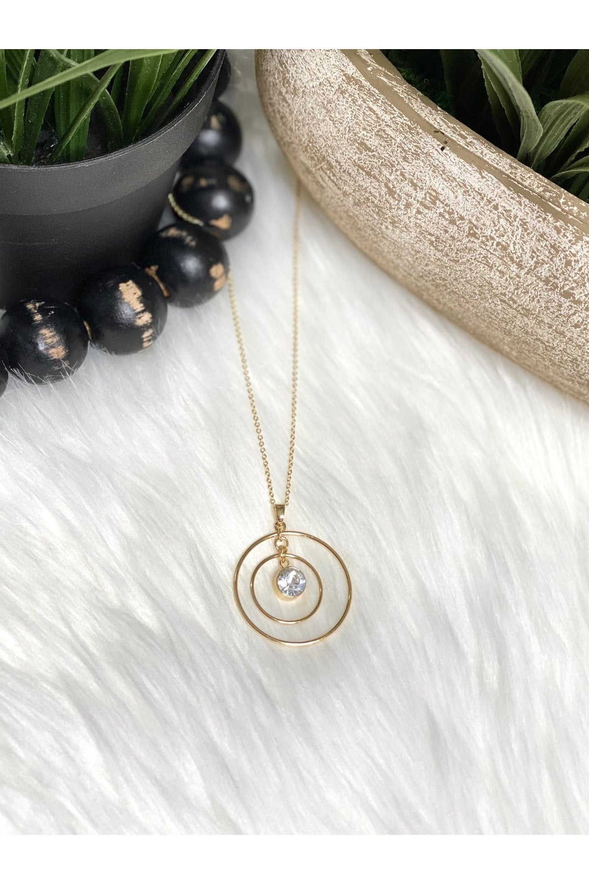 Double Circle with Stone Necklace in Gold