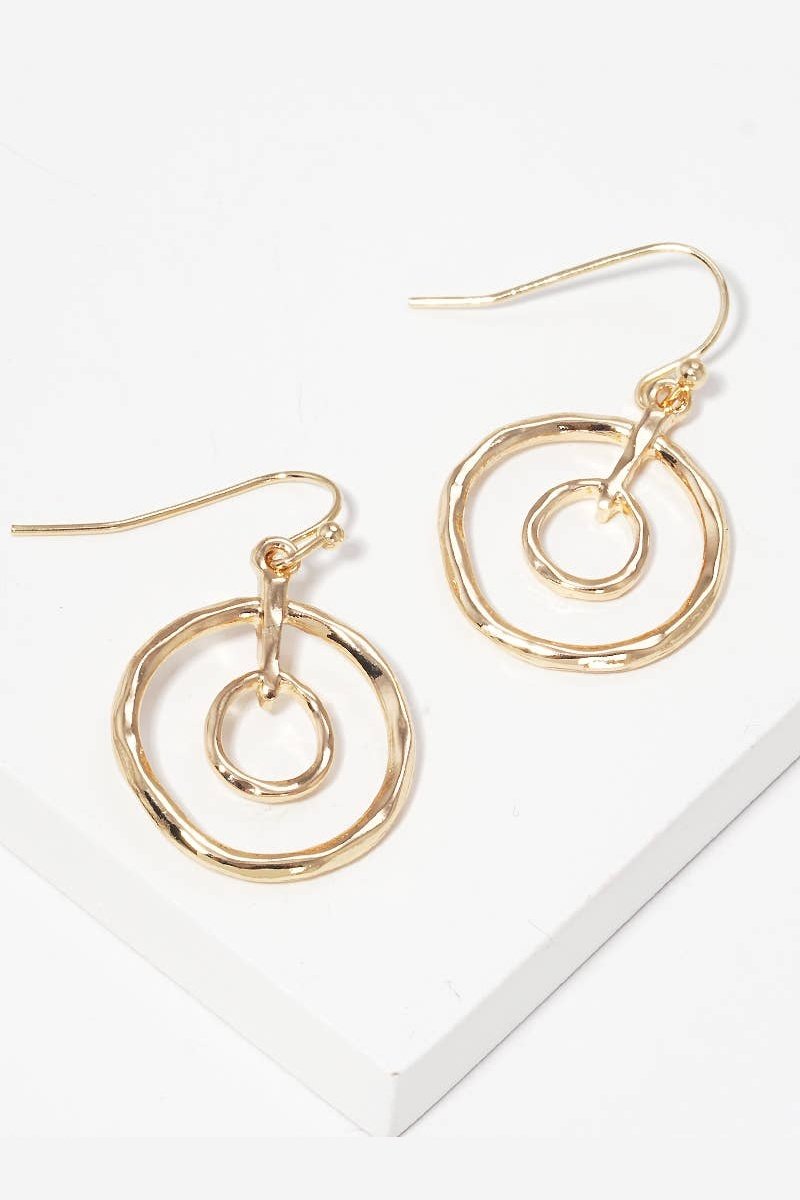 Hammered Metal Inner Double Round Drop Earrings in Gold