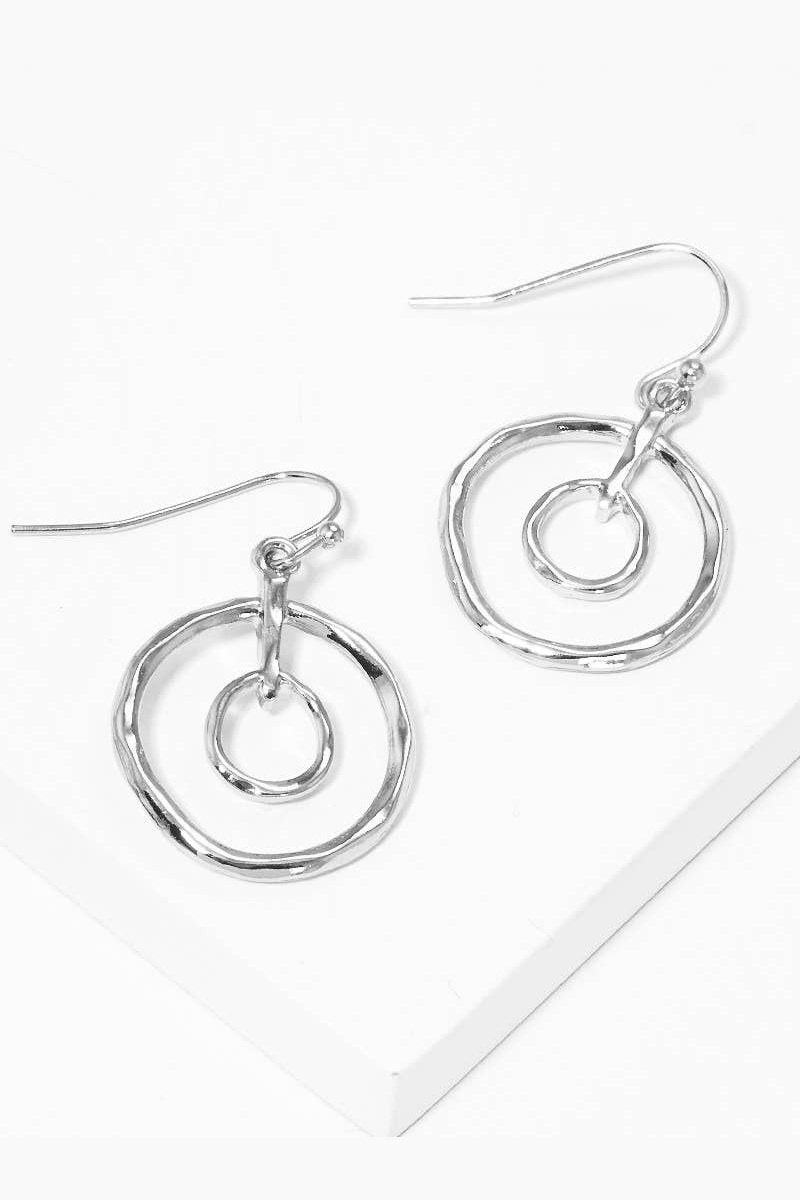 Hammered Metal Inner Double Round Drop Earrings in Silver