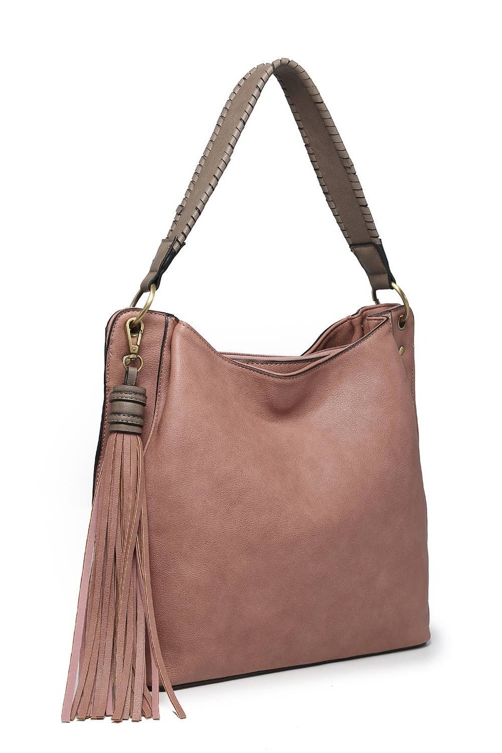 Amber Three Compartment Tassel Hobo Bag in Rosewood