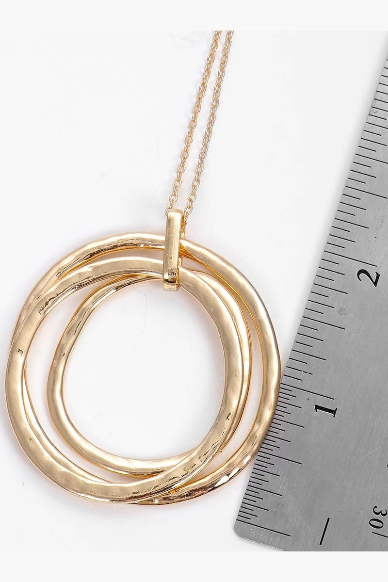 Hammered Metal Tri Circles Pendant Long Necklace in Gold