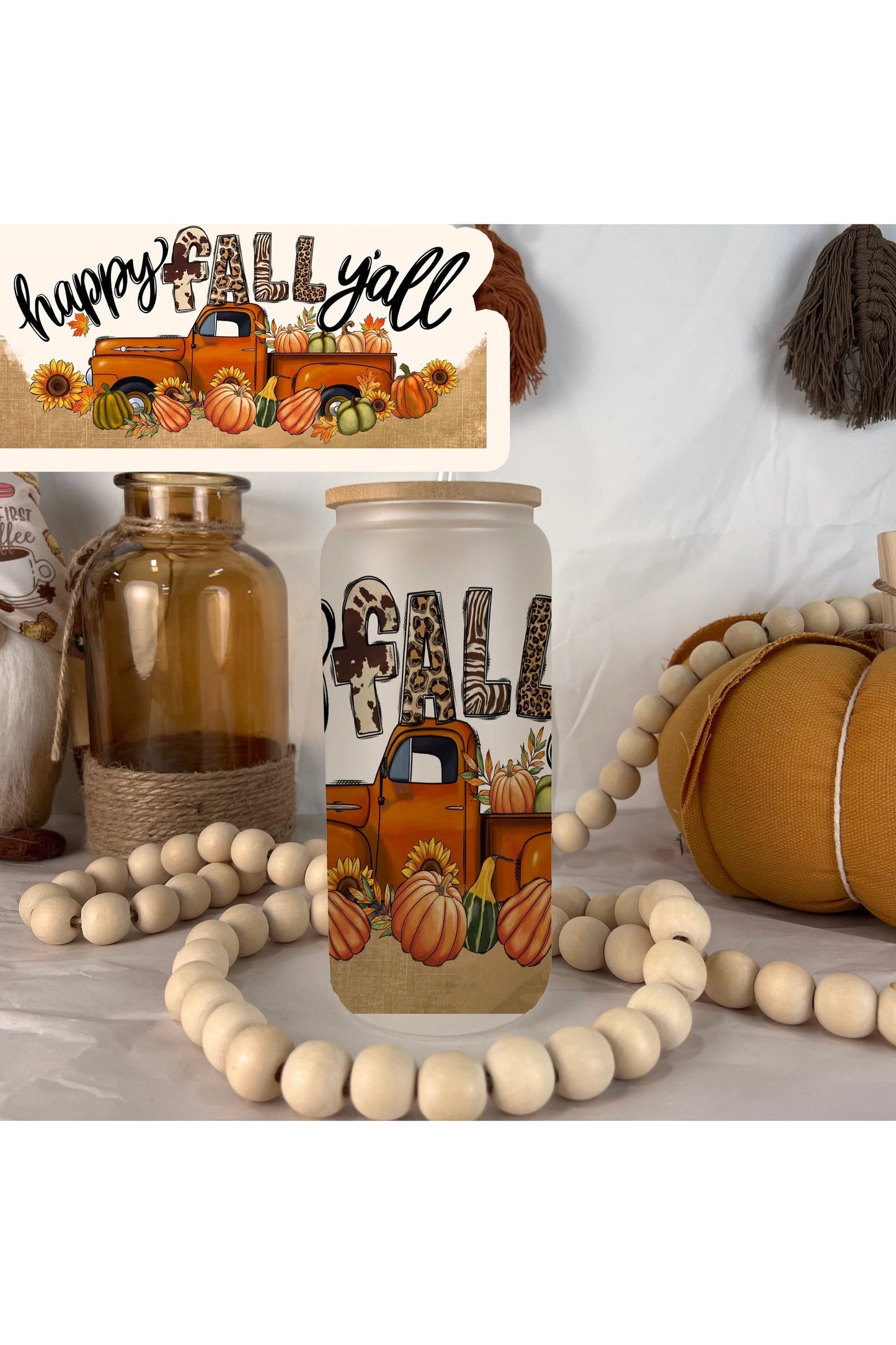 Happy Fall Y'all Frosted Glass Can 20oz