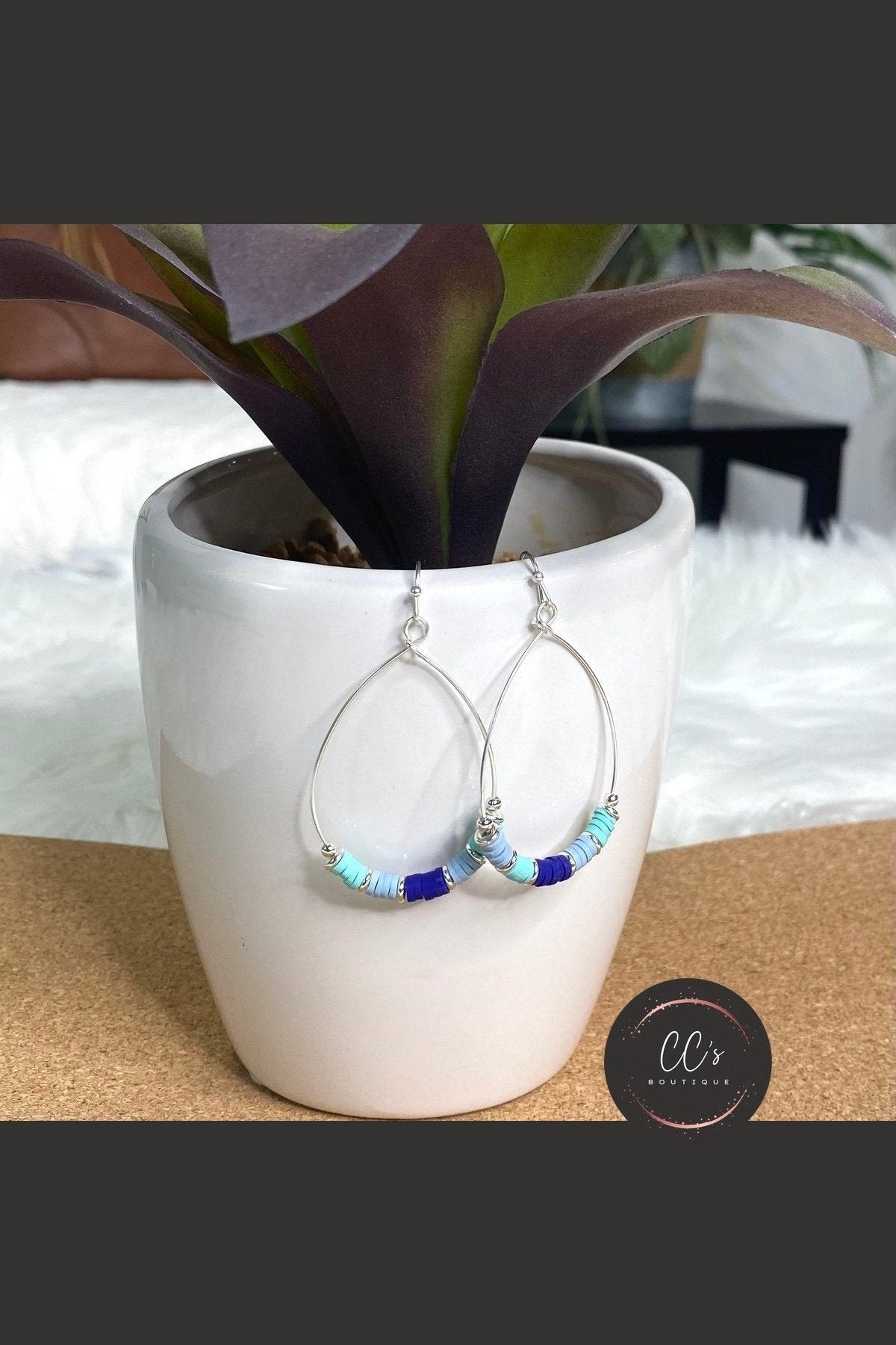 Blue and Teal Heishi Hoop earrings in Silver