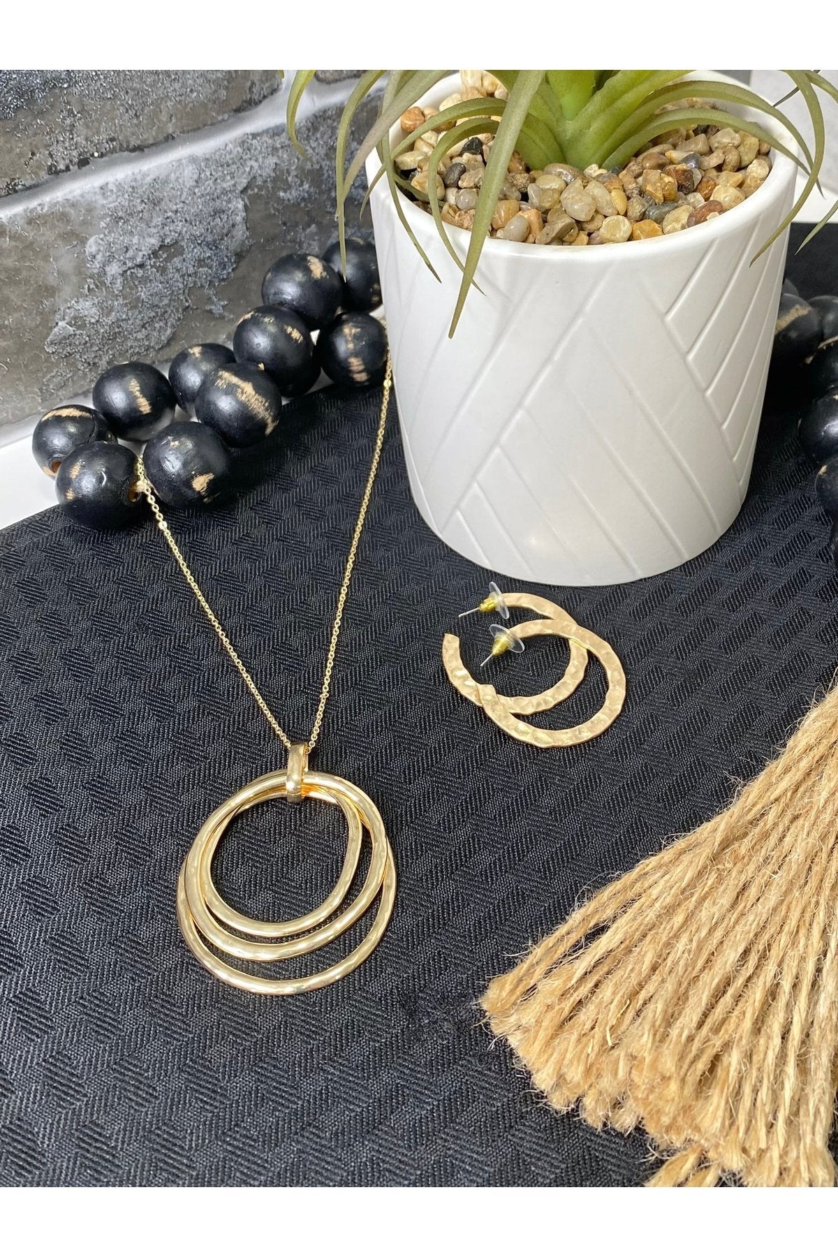 Hammered Metal Tri Circles Pendant Long Necklace in Gold