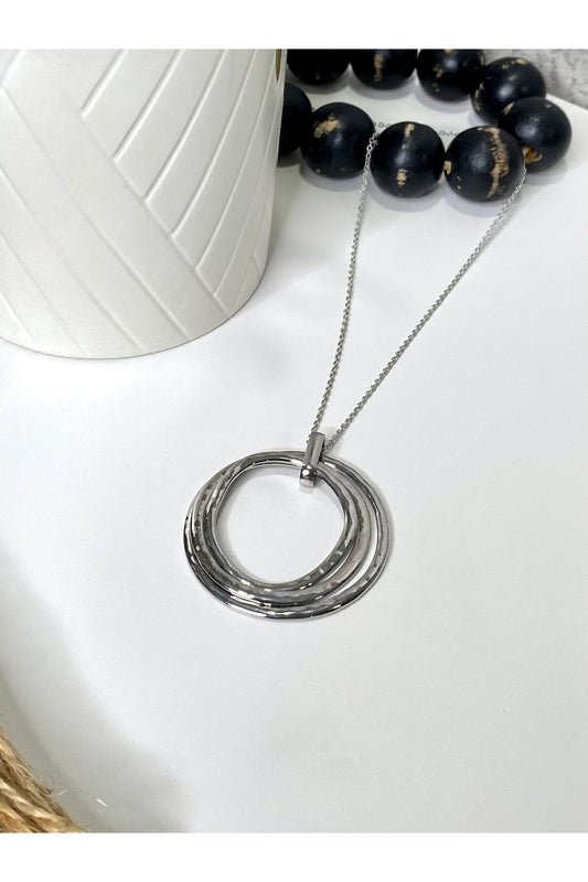 Hammered Metal Tri Circles Pendant Long Necklace in Silver