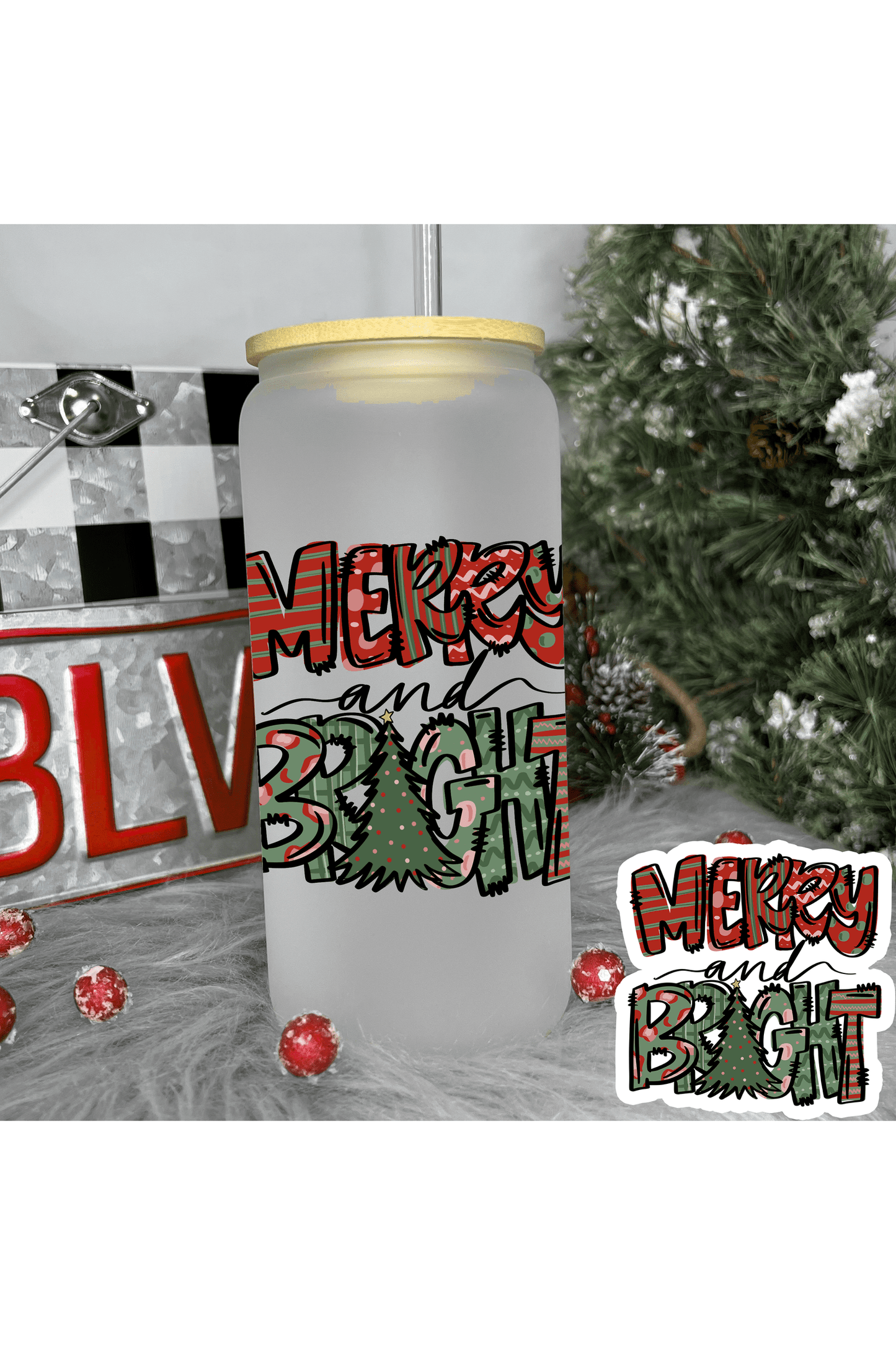 Merry & Bright Frosted Glass Can 20oz