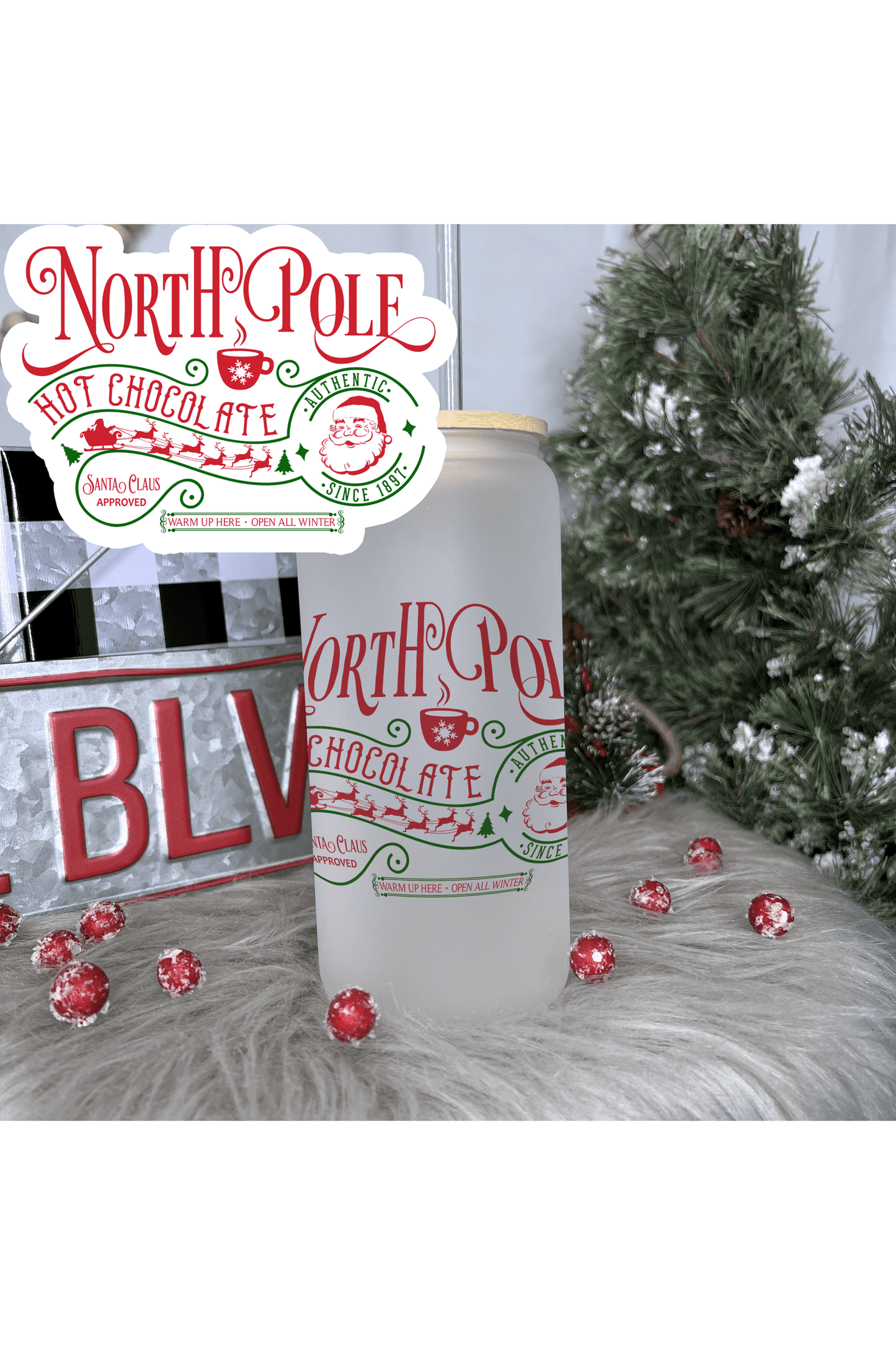 North Pole Stamp Frosted Glass Can 20oz