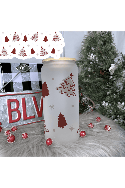 Red Christmas Trees Frosted Glass Can 20oz