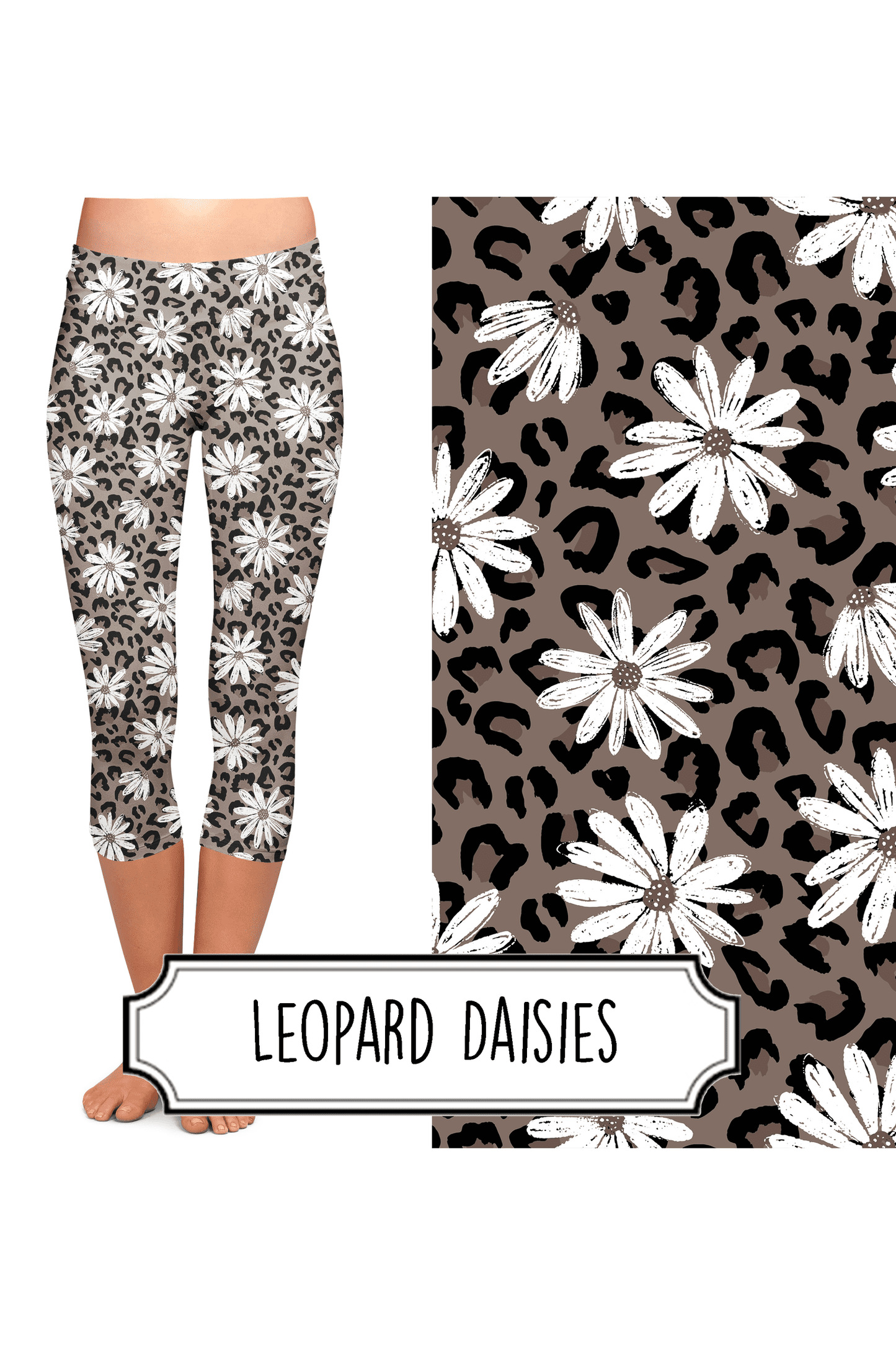 Yoga Style Capri Leggings - Leopard Daisies