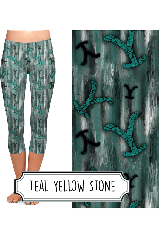 Yoga Style Capri Leggings - Teal Yellow Stone