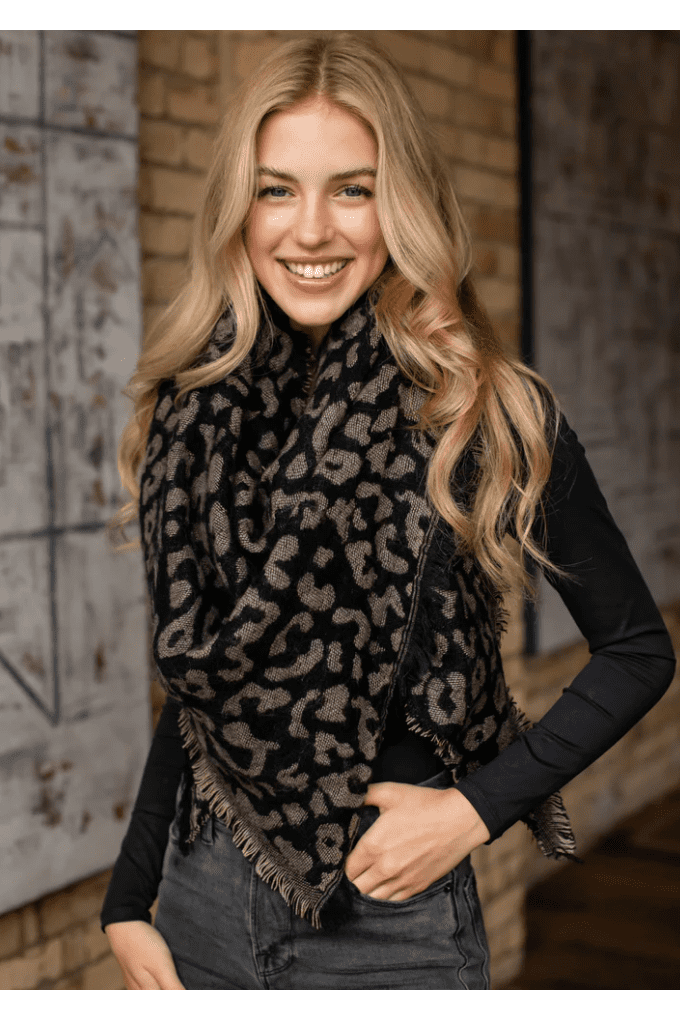 Black and Taupe Leopard Print Blanket Scarf