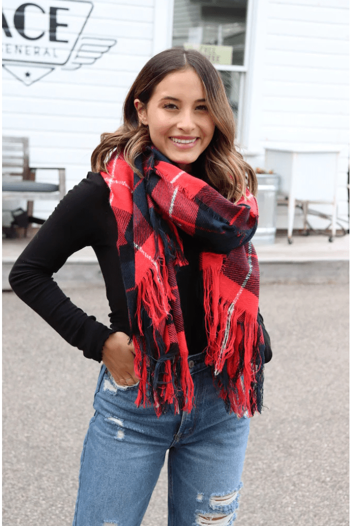 Long Plaid Scarf - Red, navy and black